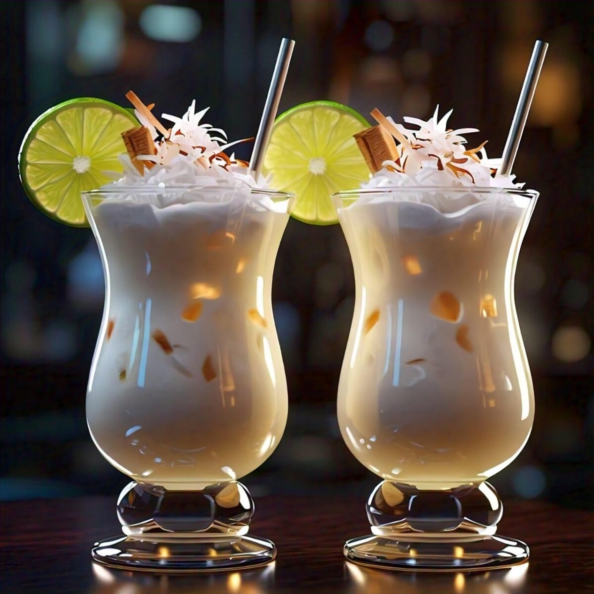 ai generated, pinacolada, cocktail, bartender, coconut, alcohol, drink, bar, beverage, liquor, glasses, rum